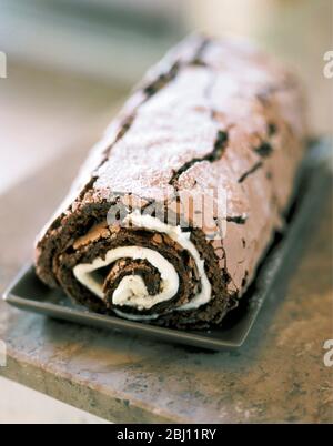 Home made chocolate roulade with cream filling, on grey plate withon marble work suface - Stock Photo