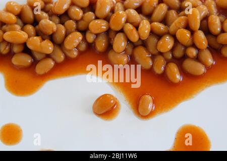 Baked beans in tomato sauce on white surface - Stock Photo