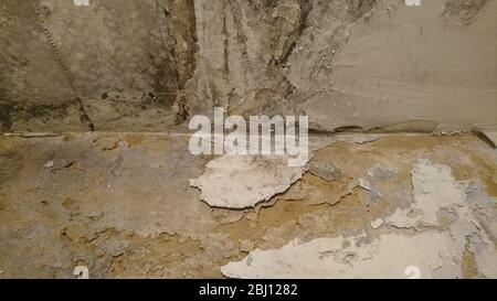 Old plaster covered with moss and mold falling off the red brick wall. Building exterior faded colors. Stock Photo