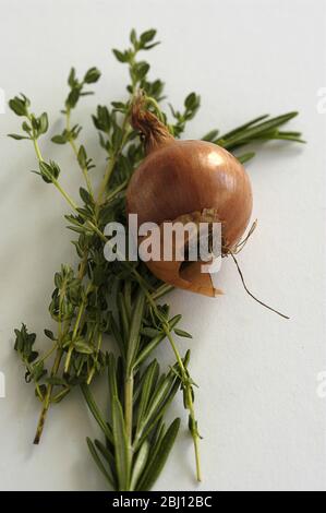 Sprigs of culinary herbs, rosemary and thyme with onion on white background - Stock Photo