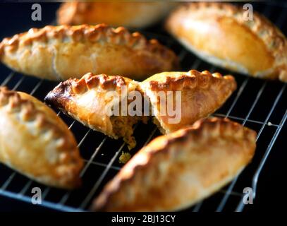Cornish pasties on rack on oven - Stock Photo