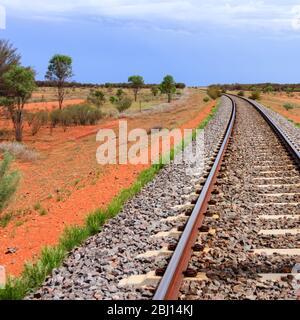 Empty railway through Australian outback. Central Australia Stock Photo