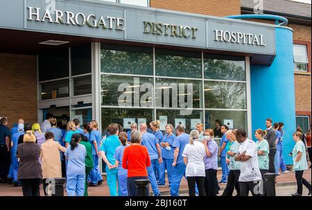 Harrogate, North Yorkshire, UK. 28th Apr, 2020. Doctors, nurses and all NHS keyworkers return to work at Harrogate District Hospital after observing one minute of silence to honour their colleagues who lost their lives to Covid 19. Credit: ernesto rogata/Alamy Live News Stock Photo