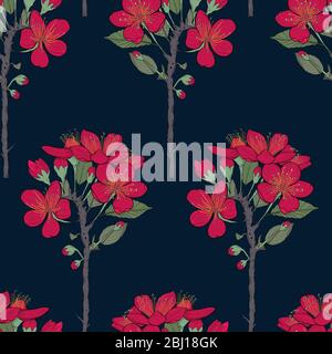 Abstract floral background. Blooming fruit tree flowers, cherries. Red bouquet on a black, dark background. Vector seamless illustration. Wrapping. Stock Vector