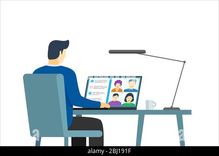 Male using laptop with people group on screen taking part online conference. Virtual work meeting and distance education webinar or videoconferencing. Video conferencing and remote web communication Stock Vector