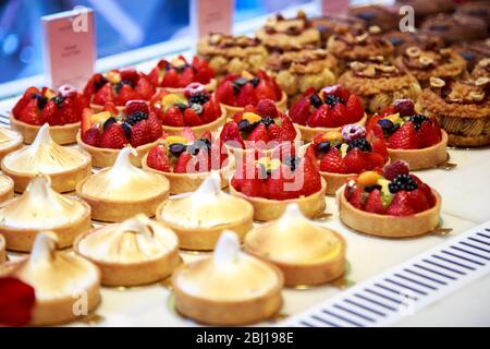 a selection of desserts on display Stock Photo