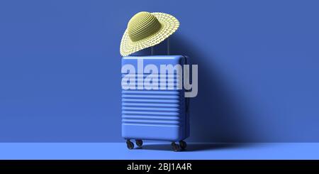 Straw hat on trolley suitcase, blue wall and floor background. Summer destinations travel accessories, traveler for summer vacations. 3d illustration Stock Photo
