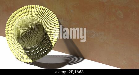 Summer straw hat against brown color painted wall. Beach head accessory for sun protection, Copy space. 3d illustration Stock Photo