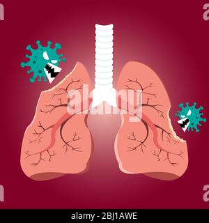 Damaged from virus cells biting lung. Coronavirus (COVID-19) with scary and evil face eating lung. 2019-nCoV concept. Stock Vector