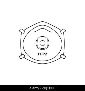 FFP2 respirator face mask line icon. Corona virus or dust protection. Black outline on white background. Respiratory protective device. Vector Stock Vector