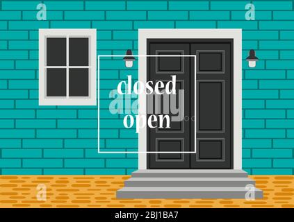 Apartment building with door, front with doorstep and steps porch, window, lamp, exterior entrance doors, brick wall. Vector illustration for design b Stock Vector