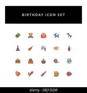 Celebration birthday vector icon set with filled outline style design Stock Vector