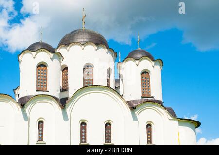 Veliky Novgorod, Russia. Saint Nicholas Cathedral, ancient church in the Yaroslav's Courtyard in Veliky Novgorod, Russia - closeup of domes Stock Photo