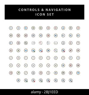 control and navigation vector icon set with filled outline style design Stock Vector