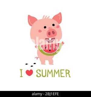 Vector Pink Piggy with watermelon summer cartoon illustration Stock Vector