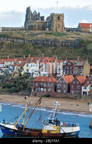 Whitby Abbey and the church of St.Mary with the old town and River Esk in the foreground, Whitby North Yorkshire England UK Stock Photo