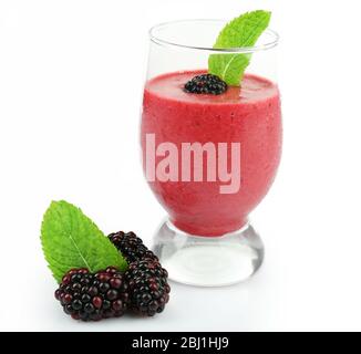 Glass of blackberry smoothie isolated on white Stock Photo