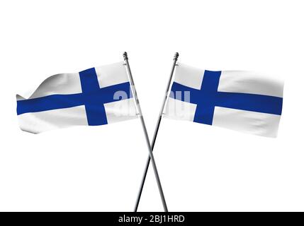 Finland flags crossed isolated on a white background. 3D Rendering Stock Photo