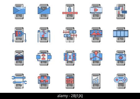 20 smartphone application color and outline icon design in grey, blue and red. Stock Vector