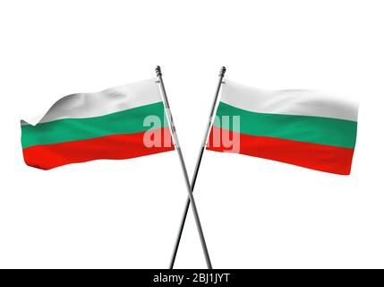 Bulgaria flags crossed isolated on a white background. 3D Rendering Stock Photo