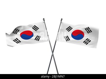 South Korea flags crossed isolated on a white background. 3D Rendering Stock Photo