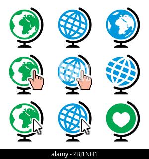 Globe earth vector icons with cursor hand and arrow - nature, environment concept Stock Vector