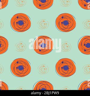 Scribbled ink grunge circle vector seamless pattern background. Hand drawn brush stroke ring shapes orange blue backdrop. Bold geometric design. All Stock Vector