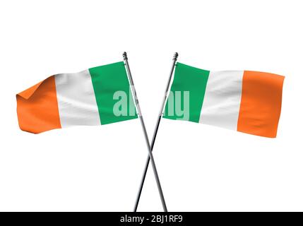 Ireland flags crossed isolated on a white background. 3D Rendering Stock Photo