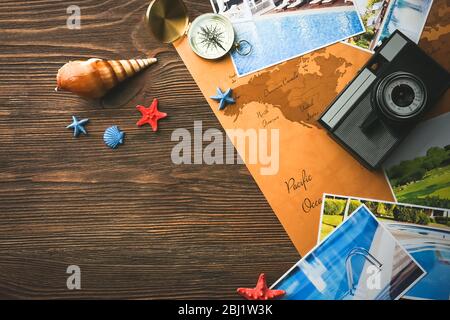 Marine composition with compass and cards on table close up Stock Photo