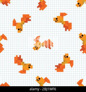 Cute cartoon 8bit goldfish seamless vector pattern. Ocean wildlife animal. Pet fish pixel art all over print. Video game retro illustration on stripe Stock Vector