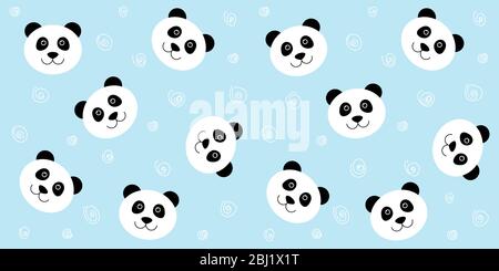 Cute panda seamless pattern. Vector blue background with kawaii white panda face. For children's wallpaper, fabric Stock Vector