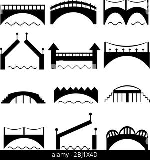 A set of black bridge silhouettes. Modern and retro architecture. Road across the river. Vector icons. Stock Vector