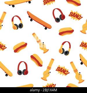 Seamless pattern with skateboard, Bong, headphones and hot dog. Youth street style, urban life. Stock Vector