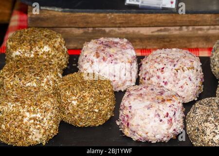 Soft cheese canape appetizer display during brunch Stock Photo