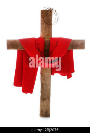 Cross with crown of thorns and red cloth on sky background Stock Photo ...