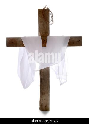 Cross with crown of thorns and cloth, isolated on white Stock Photo