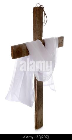 Cross with crown of thorns and cloth, isolated on white Stock Photo