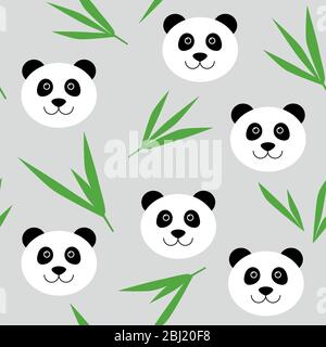 Cute cartoon panda bear seamless pattern. Vector background with panda face and bamboo leaves. For children's textile Stock Vector