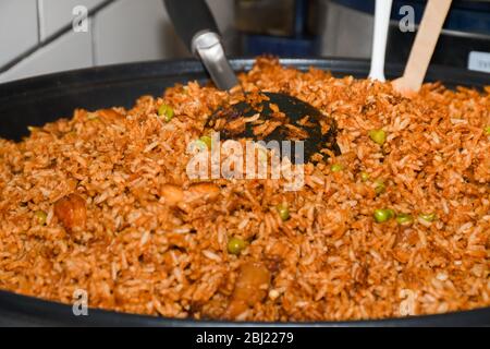 Street food displayed during food festival. Mexican, Indian, Asian, British specialties. Fresh Food Buffet Brunch Catering Dining Eating Party Sharing Stock Photo