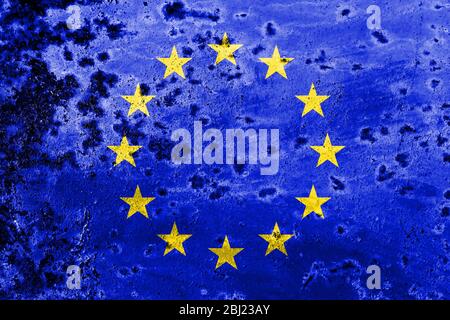 European Union flag on rusty metal texture. The concept of crisis, default, economic collapse, pandemic, conflict, terrorism or other problems in the Stock Photo