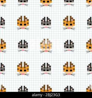 Cute grey pixel cat pattern on light blue background. 8 bit cartoon ...