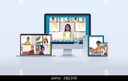 mix race friends meeting during video call Covid-19 pandemic coronavirus quarantine concept people having virtual fun live conference on different devices cross platform vector illustration Stock Vector