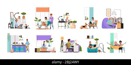set mix race men freelancers using laptop working at home during coronavirus quarantine self-isolation freelance social distancing concept horizontal full length vector illustration Stock Vector