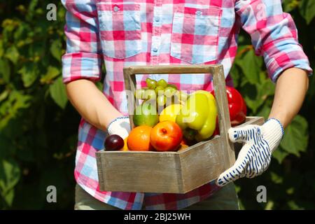 Woman holding crate with fruits and vegetables outdoors Stock Photo