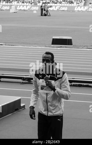 Usain Bolt poses with his bronze medal at the men's 100m award ceremony at the London 2017 IAAF World Championships in London, Britain, 06 August 2017. Stock Photo