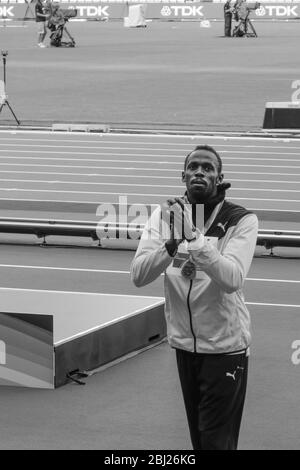 Usain Bolt poses with his bronze medal at the men's 100m award ceremony at the London 2017 IAAF World Championships in London, Britain, 06 August 2017. Stock Photo