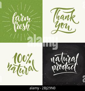 Set of four different eco style farm products calligraphic designs. Stock Vector