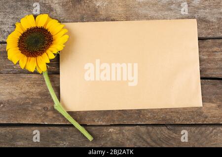 Blank card with beautiful sunflower on wooden background Stock Photo