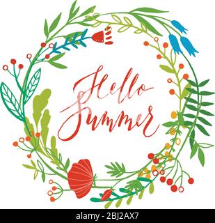 Vector hand drawn style Hello Summer calligraphy Stock Vector