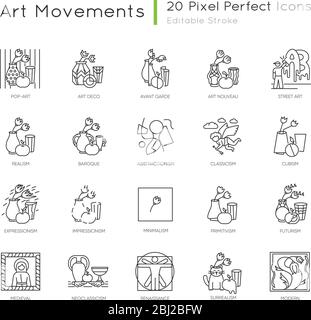 Art movements pixel perfect linear icons set Stock Vector